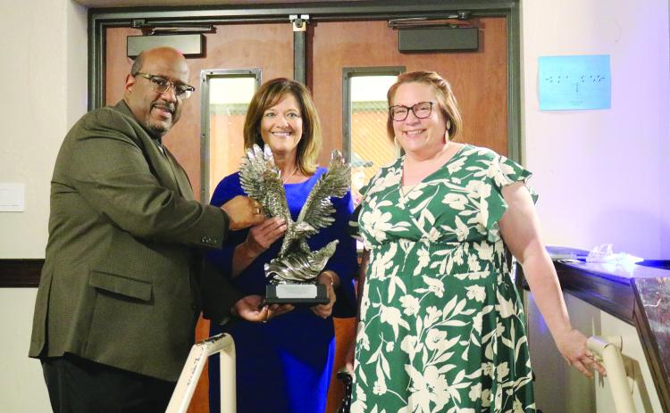 From left are Superintendent Darwan Lazard, Chataignier Elementary Principal Leslie DesHotels, and Elementary Teacher of the Year Jennifer Beth Brown. (Gazette photo by Tony Marks)