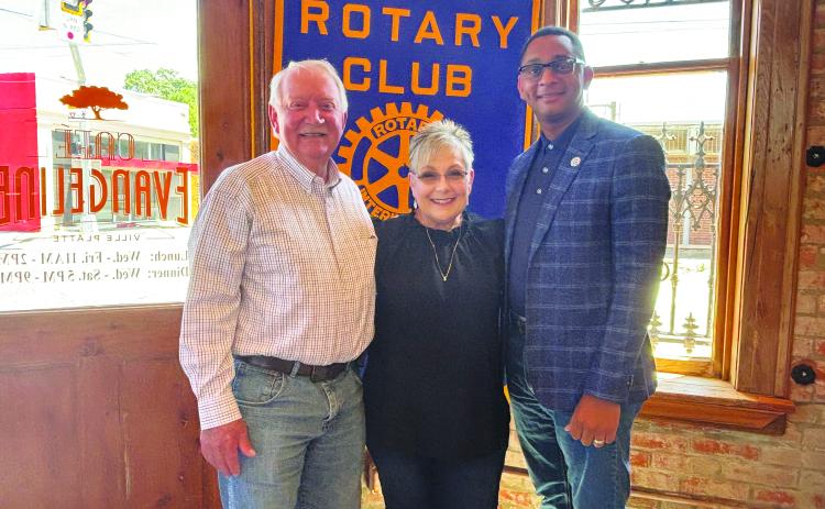 SILVER EAGLE SOCIALS DISCUSSED -  Shown, from left, are Rotarian Brent Coreil, Silver Eagles President Rhonda Lafleur and Rotary President Brian Ardoin. (Gazette photo by Heather Bogard)