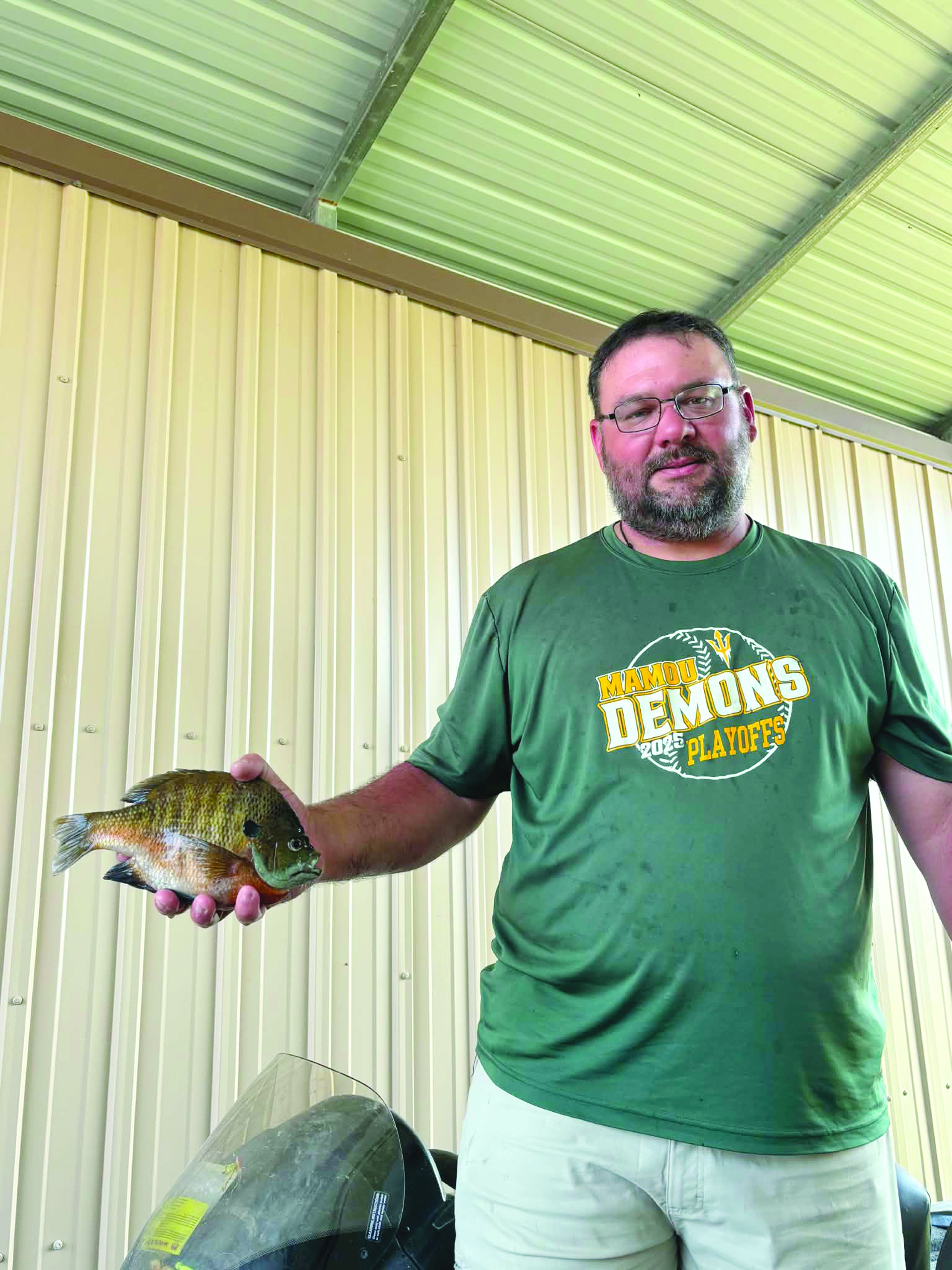 Quentin Miller, of Mamou, is shown with a 1.45-pound bluegill, that he caught at Miller’s Lake on May 14. (Photo courtesy of Quentin Miller)