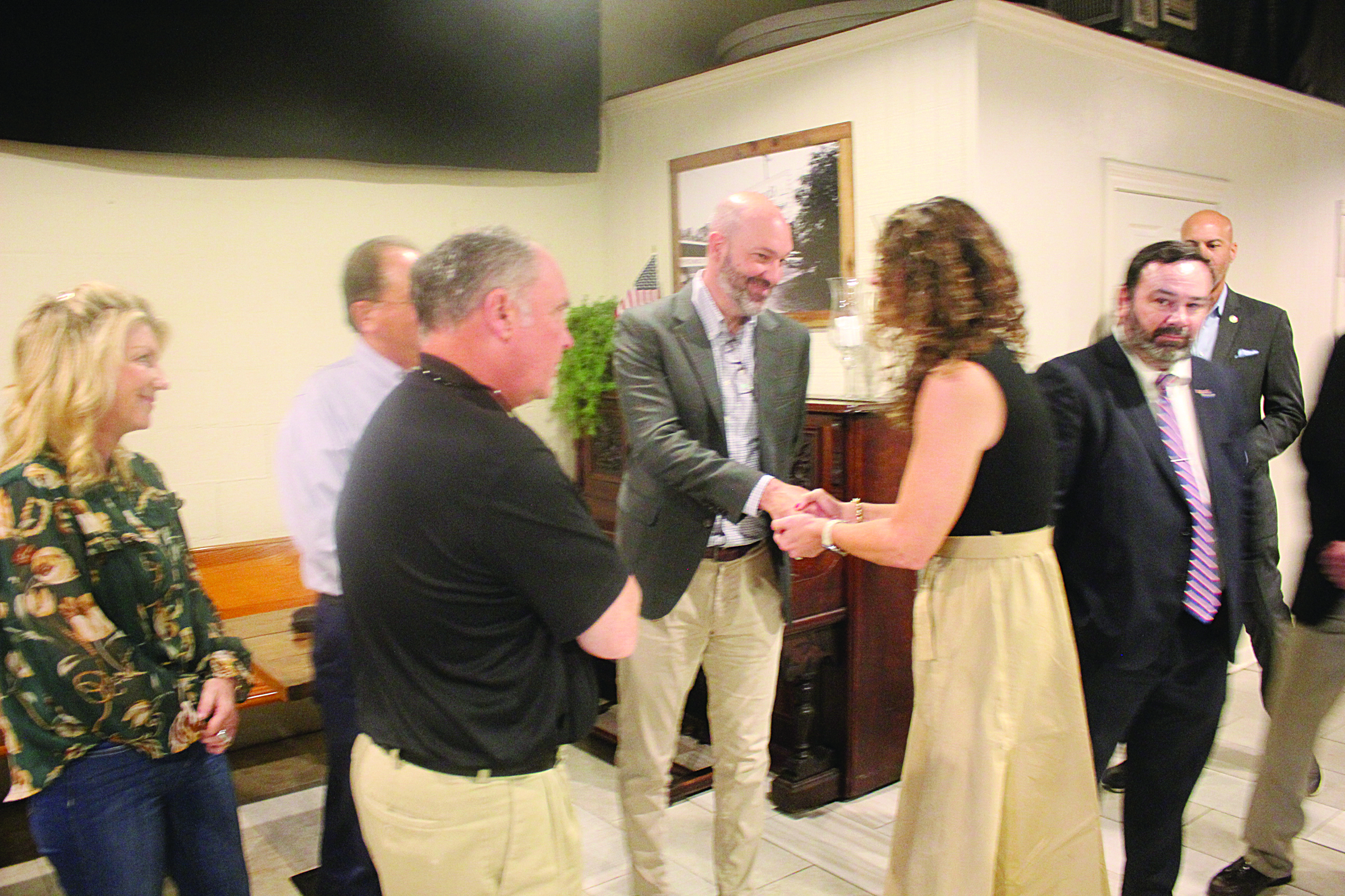 Congresswoman Letlow (center right) meets with Ville Platte City Court Judge Gregory Vidrine (center left). Among those also pictured are Wayne Vidrine and Eric Fontenot, with the Evangeline Bank and Trust Company, and Assistant District Attorney Jacob Fusilier. (Gazette photo by Tony Marks)