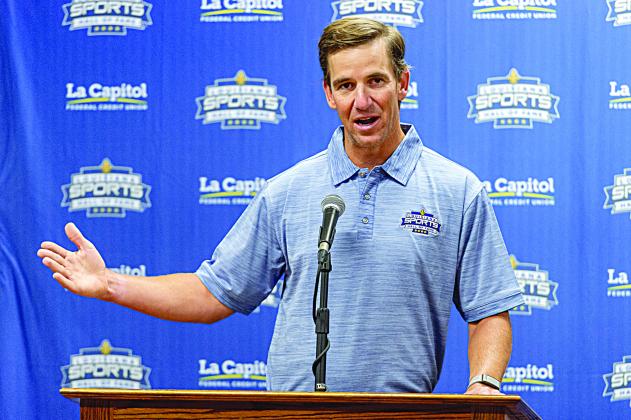 Former Ole Miss and New York Giant quarterback Eli Manning addresses the media during a press conference on the day before being inducted into the Louisiana Sports Hall of Fame in Natchitoches. (Photo by Chris Reich/ LSHOF)