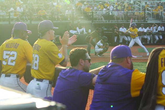 This picture of Devin Fontenot (28) cheering on the LSU Tigers from the dugout during a game against Southern Miss in the 2022 Hattiesburg Regional earned Ville Platte Gazette editor Tony Marks an honorable mention award for College-Pro Photography in the Louisiana Sports Writers Association Annual Contest. (LSN photo by Tony Marks)