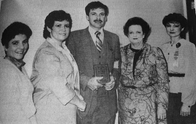 ORTEGO NAMED ‘TOP BOSS’ - In February 1985, Ville Platte Gazette General Manager David Ortego, center, was named Business Associate of the Year by the American Business Women’s Association (ABWA) Shown, from left with Ortego are Beth Fontenot, ABWA President; Delores Lafleur, Ville Platte Gazette Advertising Director; Mona Launey, Ville Platte Gazette secretary/book keeper; and Dessie Sonnier, ABWA Woman of the Year.  (Gazette archive photo)