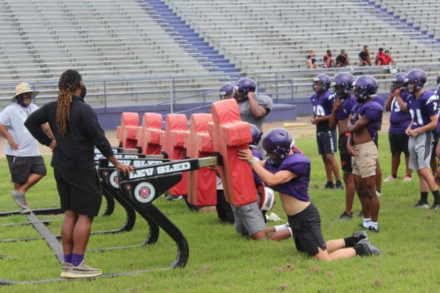 Pictured is Ville Platte High School head football coach Jorie Randle as he leads a recent practice inside Bulldog Stadium. Randle and his Bulldogs look to get back to their winning ways this season. (Gazette photo by Rhett Manuel)