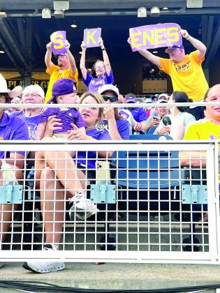 Above are some of those fans as they celebrate a strike out from the Dick Howser Award winning LSU pitcher Paul Skenes, who passed David Price for second most strikeouts in an SEC season during his performance against the Volunteers. The award is given to the national player of the year in college baseball. Pictured in the center is Anita Haywood, affectionately known as “The K Lady,” who has been a fan of the team since 1981. (LSN photo by Tony Marks)