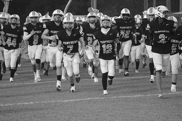 The Pine Prairie Panthers are pictured as they take the field against Church Point. The team will again take the field tonight in another district contest against Ville Platte High. (Gazette photo by Rhett Manuel)