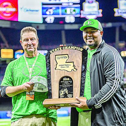 Newly hired Mamou head football coach Laquintin Lamb is pictured on the right with former Eunice head football coach Paul Trosclair after the Bobcats won the 2018 Allstate Sugar Bowl LHSAA Prep Classic in Class 3A. (Photo courtesy of Laquintin Lamb)