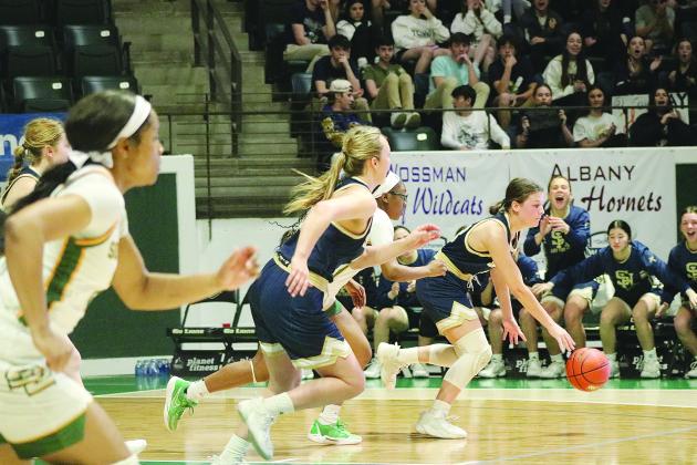 The Sacred Heart bench reacts as Kali Shiver (22) forces a turnover and moves the basketball across the court against Southern Lab. (Gazette photos by Tony Marks)