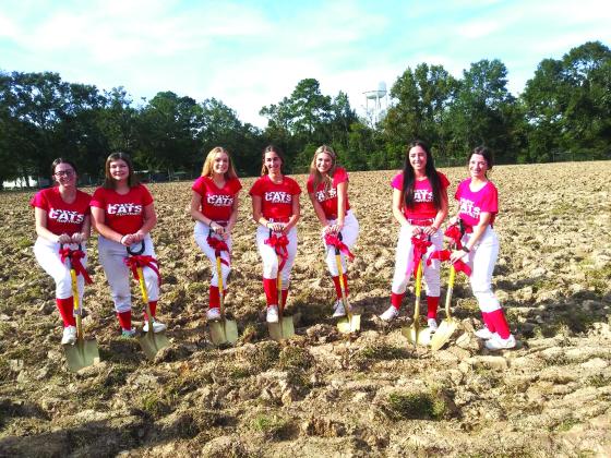 Lady Bearcat softball team members (from left to right) Breanna Fields, Daisy Berzas, Hannah Aguillard, Henley LeJeune, Addilyn David, Hanna Manuel, and Kynlee Fruge are shown putting the ceremonial shovels to use at the ground-breaking of the team’s field in November of 2021. The newly-created team had their debut game February 3, 2022 as a junior varsity team. Their first varsity season will begin Feb. 14, 2023, in their first game in the new stadium, which was completed recently. 