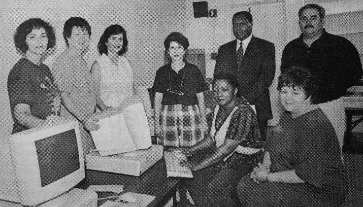  Shown, sitting at the keyboard is Kathy Aclis, lab director. Seated next to her is Janella Vidrine, kindergarten teacher. Standing in back, from left, are Keitha Lejeune, librarian; Janice Soileau, principal; Rosemary Guillory, guidance counselor; Sandra Reed, kindergarten teacher; Superintendent Dr. Albert Zackrie Jr.; and Wesley Dehm, field engineer. (Gazette archive photo)