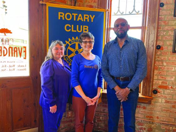 NEW MEMBERS SPEAK - During the January 18, meeting of the Ville Platte Rotary Club, new members Patricia Duplechin, left, and Clem LaFleur, right, addressed their fellow club members with a brief biographical talk introducing themselves to the club. They are shown with Rotarian and club board member Annette Johnson. (Gazette photo by Heather Bogard)