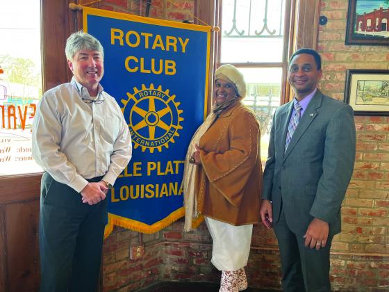 MAYOR GIVES UPDATE - During the February 1, meeting of the Ville Platte Rotary Club, Ville Platte Mayor and Rotarian Jennifer Vidrine gave an update on many exciting projects coming soon to improve the community. She is shown with Rotary President Jimmy LeBlanc, left, and Rotarian Brian Ardoin, right. (Gazette photo by Heather Bogard)