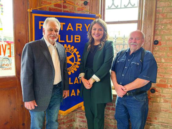 MEMBERS LEARN ABOUT ONE ACADIANA -  Shown, from left, Rotarian Bob Dr. William “Tojo” Ward,  Megan Duhon, executive director with One Acadiana, and Rotary President-Elect Bob Manuel. (Gazette photo by Heather Bogard)