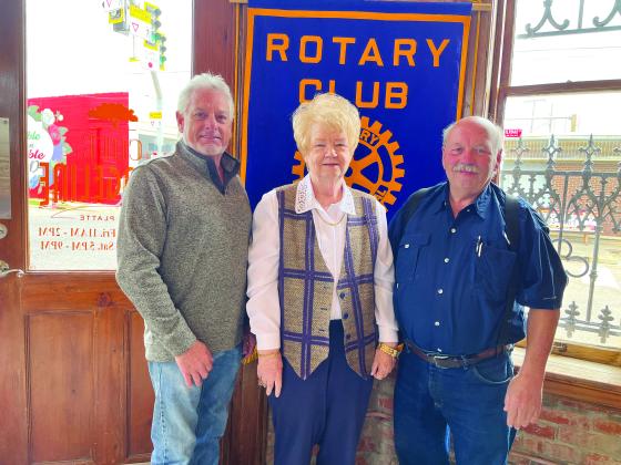SWAMP POP HISTORY SHARED - Sharon Fontenot, curator of the Swamp Pop Museum in Ville Platte, (center) was the guest speaker for the March 21, meeting of the Ville Platte Rotary Club. She is shown with Rotary President Larry Lachney (left) and Rotarian Bob Manuel (right). (Gazette photo by Heather Bogard)