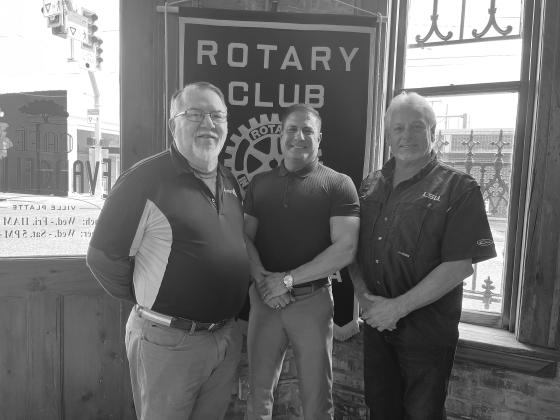 ROTARIANS WELCOME FONTENOT - Eric Fontenot was the guest speaker for the April 11, meeting of the Ville Platte Rotary Club. He is shown with Rotarian Dan Poret (left) and Rotary President Larry Lachney (right). (Gazette photo by Heather Bogard)