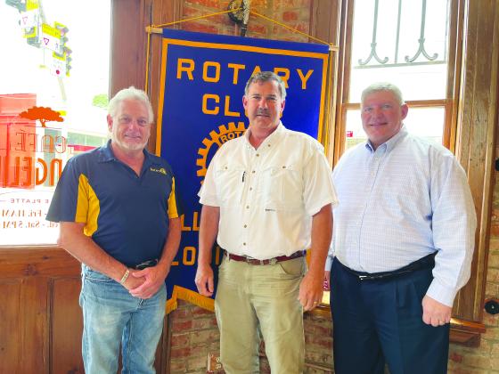 ROTARIANS HEAR AGRICULTURE NEWS - Louisiana Farm Bureau President Richard Fontenot (center) was the guest speaker for the May 9, meeting of the Ville Platte Rotary Club. He is shown with Rotary President Larry Lachney (left) and Rotarian Peter Strawitz (right). (Gazette photo by Heather Bogard)