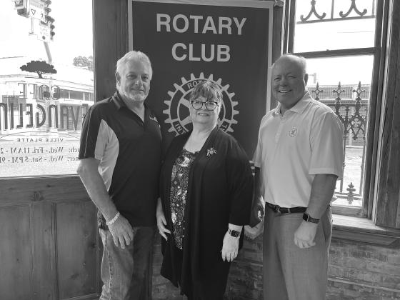 UNITED WAY UPDATE GIVEN - St. Landry-Evangeline United Way Executive Director Ginger LeCompte (center) addressed the August 9, meeting of the Ville Platte Rotary Club. She is shown with Rotary President Larry Lachney (left) and Rotarian Dr. Hosea “Joey” Soileau (right). (Gazette photo by Heather Bogard)