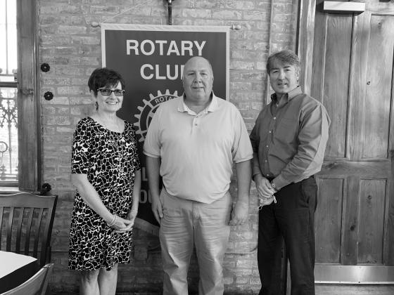 VP ROTARY WELCOMES SPEAKER - Rotarian Annette Johnson, left, welcomed Pat Derouselle, Executive Director with the Evangeline Parish Solid Waste Commission, center, as the guest speaker for the August 10, meeting of the Ville Platte Rotary Club. They are shown with Rotary President Jimmy LeBlanc, right. (Gazette photo by Heather Bogard)
