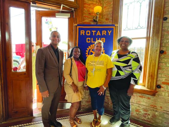 SERVICES DISCUSSED - During the August 22, meeting of the Ville Platte Rotary Club, Kishara Angelety and Natasha Leday with New Day Personal Care Services discussed their business and the care they provide to senior citizens and others in the community. Shown, from left, are Rotary President Bryan Ardoin, Angelety, Leday, and Rotarian Linda Fontenot. (Gazette photo by Heather Bogard)