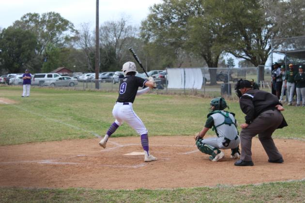 Bulldog slugger Bastian Veillon (9) stands ready at the plate. He went 1-for-2 in Ville Platte’s 11-9 win against Mamou. He walked three times and scored two runs.  (Gazette photo by Rhett Manuel)