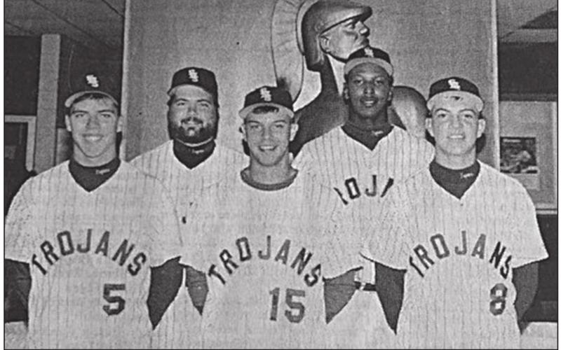 JUNE 4, 1992 - ALL-STATE - Four members of the Sacred Heart Trojan state champion baseball team, as well as head coach Scott Carter, were selected to the 2A All-State teams. Pictured are Danny Ardoin, front row from left to right, Daniel Dupre, and Todd Ardoin. Back row from left are head coach Scott Carter and Eric “Skeeter” Poullard. (Gazette photo by Jeff Guillory)