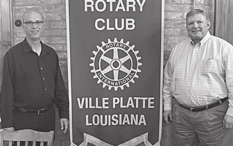 (Left photo) From left are Lafayette Rotarian Brian Chriceol and Ville Platte Rotary President Peter Strawitz. (Right photo) From left are Rotarian Renee Brown, Mercy Regional Medical Center Director of Pharmacy Shanna Thomas, and Rotary President Peter Strawitz. (Gazette photos by Tony Marks)