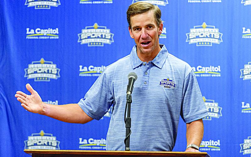 Former Ole Miss and New York Giant quarterback Eli Manning addresses the media during a press conference on the day before being inducted into the Louisiana Sports Hall of Fame in Natchitoches. (Photo by Chris Reich/ LSHOF)