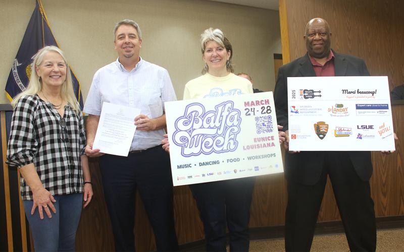 The 22nd annual Dewey Balfa Cajun and Creole Heritage Week will be held in Lakeview Park and Beach in March. The week was announced at the Eunice city council meeting on Tuesday with a proclamation.  From left, are Jeane Solis, executive director of Louisiana Folk Roots; Mayor Scott Fontenot; Jean Johnson, Louisiana Folk Roots Board member; and Herb Wiltz, Louisiana Folk Roots Board member. (LSN photo by Harlan Kirgan)