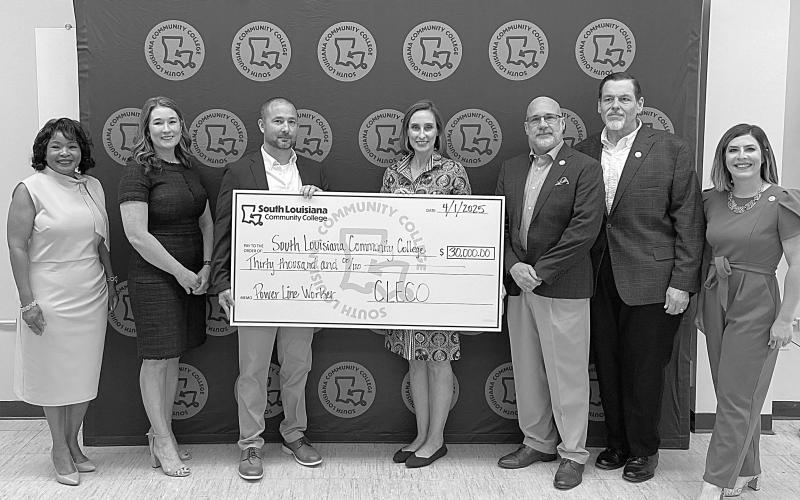 Pictured (Left To Right): Mary Morrison, SoLAcc Crowley Campus; Amy Thibodeaux, Cleco; Andre Guillory, Cleco; Kristin Guillory, Cleco; Dr. Andre Perez, SoLAcc; Dr. Charles Miller, SoLAcc, Lana Fontenot, SoLAcc. (Photo provided)