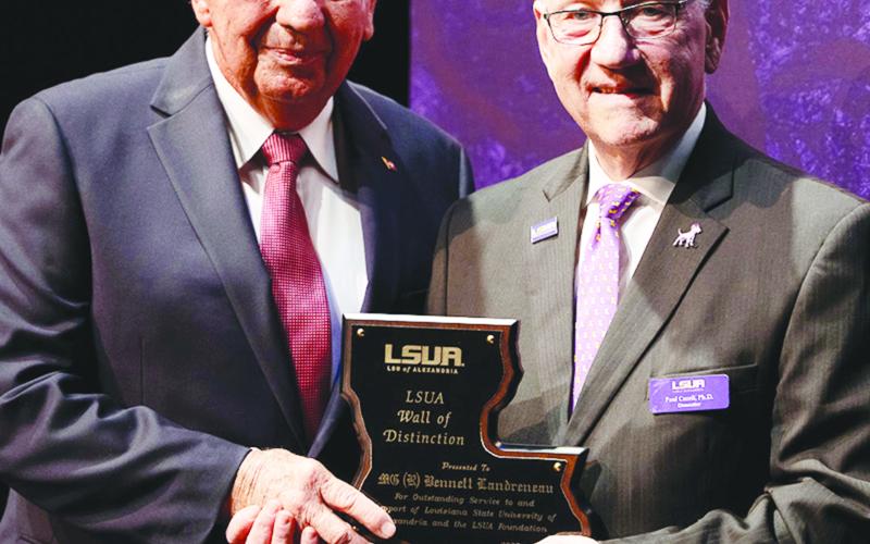 Retired Maj. Gen. Bennett Landreneau, left, and Dr. Paul Coreil, LSUA chancellor (Photo courtesy of  LSUA Strategic Communications)