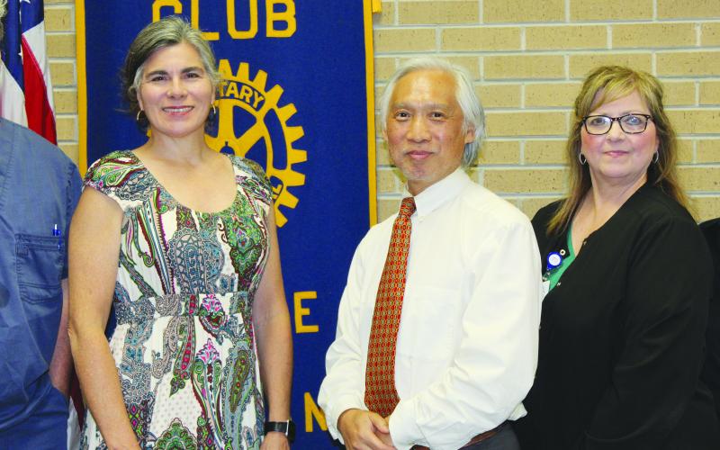 Rotary Club of Eunice speakers Wednesday, June 25, and guest of Elizabeth Bergeron a Rotorian, were Angela Fontenot, director of marketing at Savoy Cancer Center, Dr. Paul Zhang and Connie Brignac, RN, Oncology manager. (LSN photo by Myra Miller)