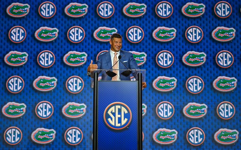 New head football coach of the Florida Gators Jon Sumrall is one of three coaches in the SEC who came over from jobs in the Athletic Conference. He is pictured as he speaks during SEC Media Days in Tampa, Fla. (Photo courtesy of Dave Wilson)