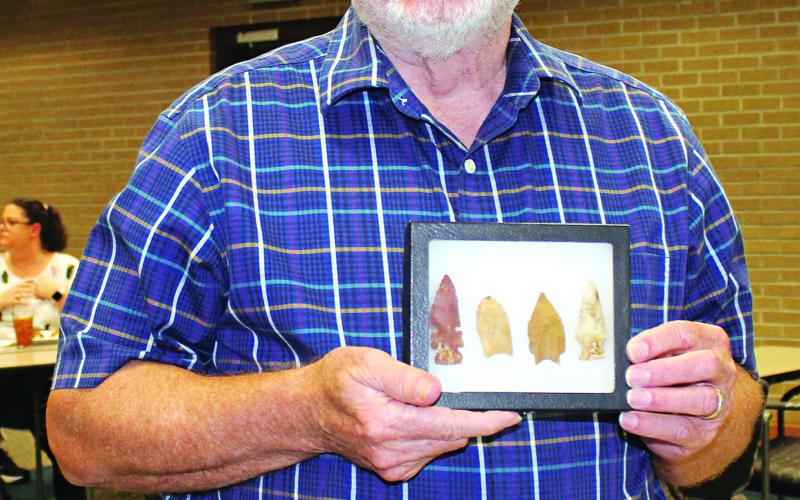 David Guillory was the guest speaker Wednesday, August 20, at the Eunice Rotary Club meeting. Guillory is an avid collector of arrowheads and artifacts. He has about 850 arrowheads collection. Guillory is holding up a Coral Wacissa arrowhead from Florida. Guillory was the guest of Rotarian David Clause. (LSN photo by Myra Miller)