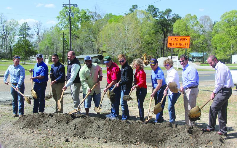 Among those pictured at the groundbreaking ceremony for U.S. Hwy 167 are Evangeline Parish Police Jurors Keith Saucier, Ryan “LeDay” Williams, and Eric Soileau, Turkey Creek Mayor Phillip Cavins, State Senator Heather Cloud, Turkey Creek Councilman Neal King, State Representative Rhonda Butler, and Police Jury Secretary-Treasuer Donald Bergeron. (Gazette photo by Tony Marks)