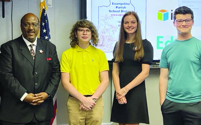 Also recognized were the 2022 dual enrollment graduates from LSU Eunice. Pictured from left are Superintendent Darwan Lazard; Nathaniel Reece Romero, of Basile High School; Erin Fontenot, of Ville Platte High School; and Shaun Gaspard, of Basile High School. (Photos by Mable Foreman and Tony Marks)