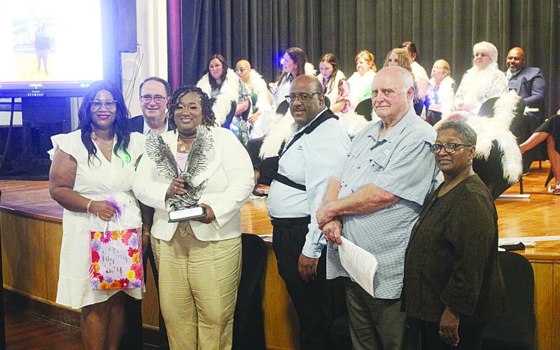 (L-R) Shelsy Williams, principal of VPHS; Mike Lombas, assistant superintendent; Rhonda Thomas, high school teacher of the year; Darwan Lazard, superintendent; Bobby Hamlin, EPSB president; Sheila Joseph, EPSB vice president.