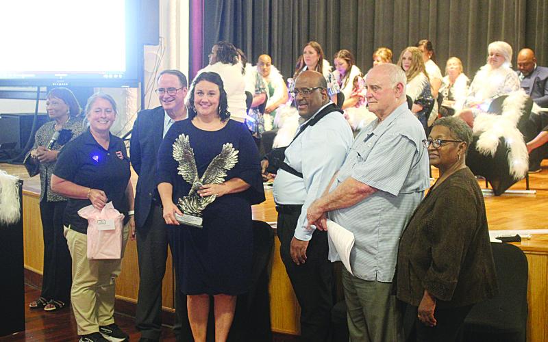 (L-R) Helana Francois, assistant principal of BHS; Lombas, assistant superintendent; Tracy Veillon, middle school teacher of the year; Lazard, superintendent; Hamlin, EPSB president; Joseph, EPSB vice president.