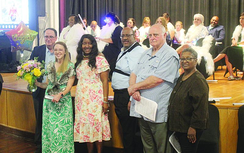 (L-R) Helana Francois, assistant principal of BHS; Lombas, assistant superintendent; Tracy Veillon, middle school teacher of the year; Lazard, superintendent; Hamlin, EPSB president; Joseph, EPSB vice president.