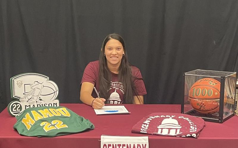 Madison Fontenot, of Mamou High School, is pictured as she signs to play college basketball at Centenary College. (Photo courtesy of Mamou High School)