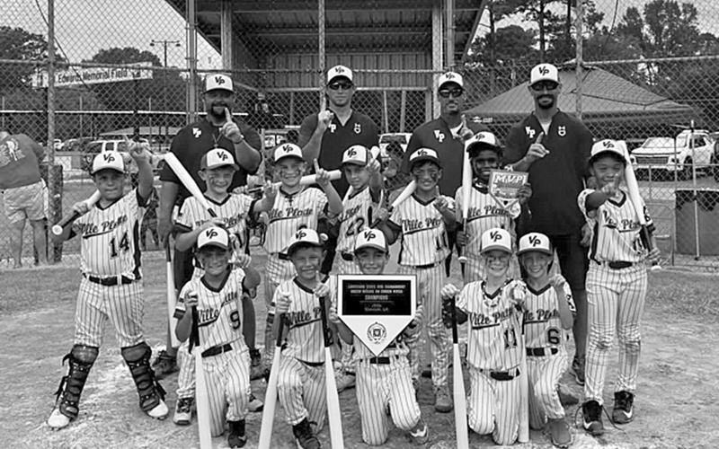 Pictured in the right photo are the Super 10s. Players are Kyrie Tillman, Hayden Mayeaux, Drake Andrus, JT Ardoin, Hayden Sonnier, Rhett Faul, Beckett Israel, Dawson Roberie, Cooper Haller, Holden Ortego, Luke Veillon, and Liam Freeman; and coaches are Ryan Haller, Marcus Guillory, Jordy Veillon, and Jeramy Faul. (Photos courtesy of Ville Platte Dixie Youth Baseball