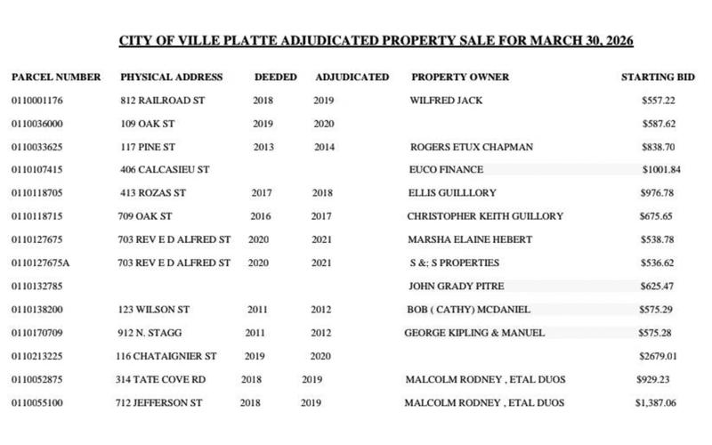 This chart showing the adjudicated properties is courtesy of the City of Ville Platte.