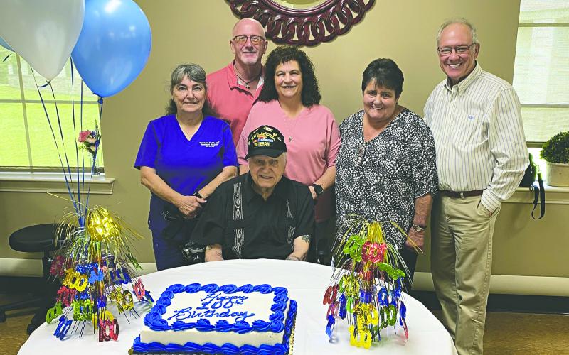 100TH BIRTHDAY CELEBRATED - Heritage Manor resident Albert Catyb celebrated his 100th birthday with a celebration on Monday, June 9. Catyb (seated) is shown with, from left, Activity Director Patricia Duplechin, son-on-law Chris Briley, daughter Gina Briley, Mable Foreman, and Clerk of Court Randy Deshotel. (Photos courtesy of Misty Parker)