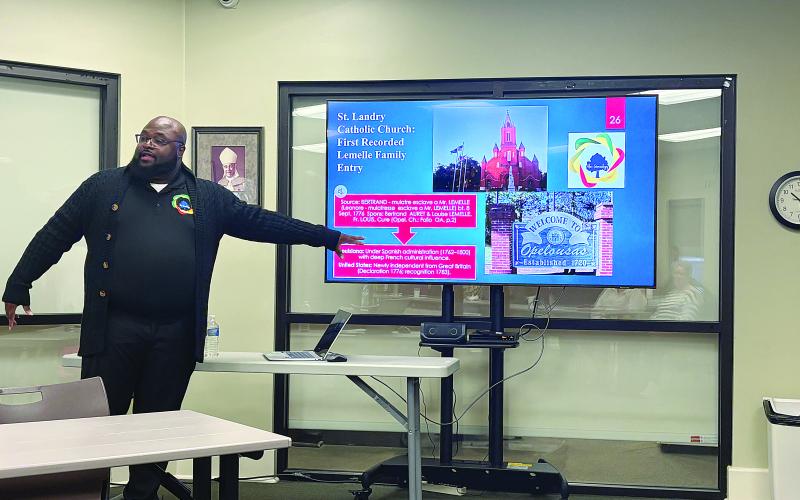 Alex Lee is pictured as he presents his research that outlines the family ties of Pope Leo XIV to the Southwest Louisiana area. Lee spoke at the January meeting of the Evangeline Genealogical and Historical Society. (Gazette photo by Tony Marks)