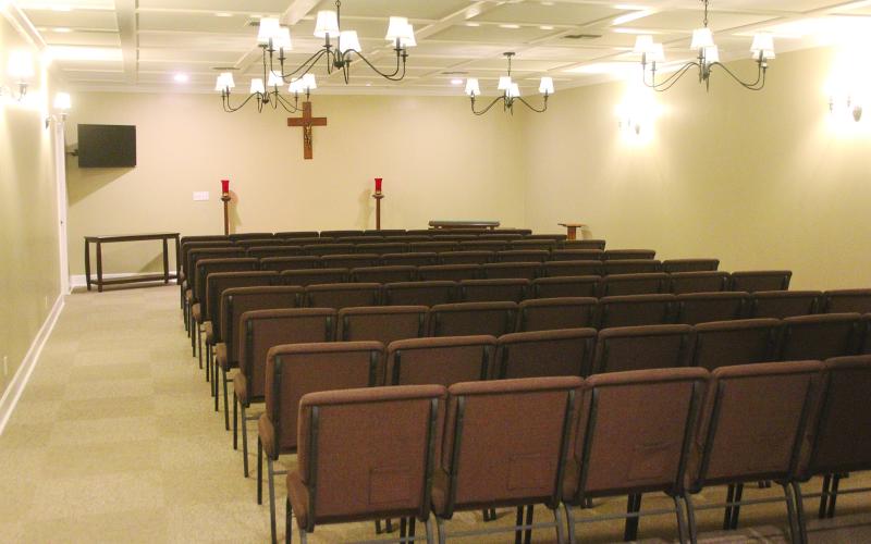Pictured is the newly remodeled chapel inside Ardoin’s Funeral Home in Ville Platte. New manager, Alicia LaGrone, explained other renovations were to the parlor and business office. Similar renovations are planned for the location in Mamou. (Gazette photo by Tony Marks)