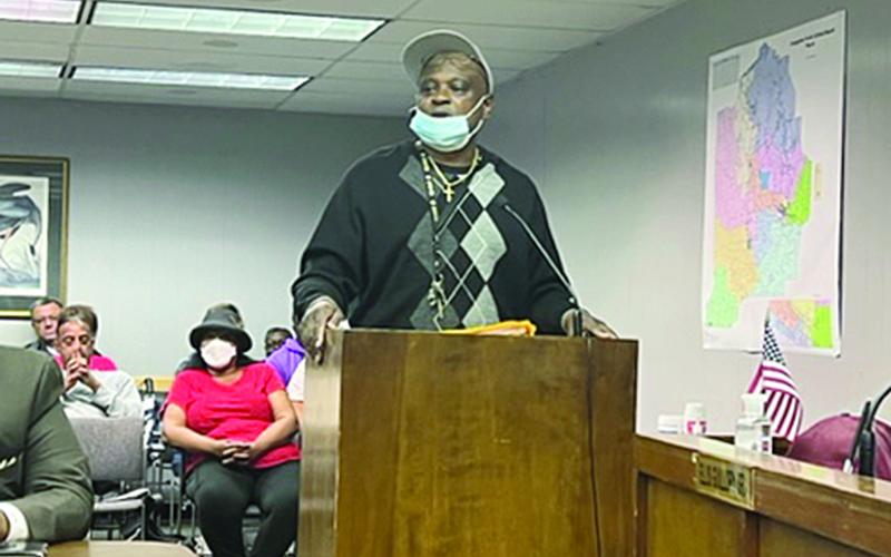 Arthur Sampson is pictured as he addresses the Evangeline Parish School Board during a public hearing held Tuesday, March 22, ahead of a special meeting to adopt a redistricting plan. (Gazette photo by Tony Marks)