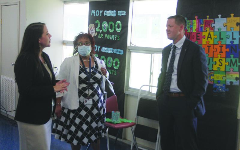 State Superintendent Dr. Cade Brumley (right) is pictured as he visits with James Stephens Principal Melanie Bordelon (left) and Middle School Supervisor Sherral Tezeno (center). (Gazette photo by Tony Marks)