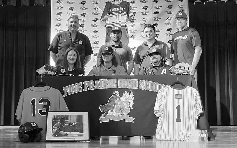 From left are: standing- Pine Prairie Assistant Coach Dylan Manuel, Pine Prairie Head Coach Colton Chaddrick, LSU-A Head Coach Kody Gautreaux, and Pine Prairie Coach Andy Carson; sitting- Crystal Ardoin, Colin Ardoin, and Mitch Ardoin. (Photo courtesy of Pine Prairie High School)