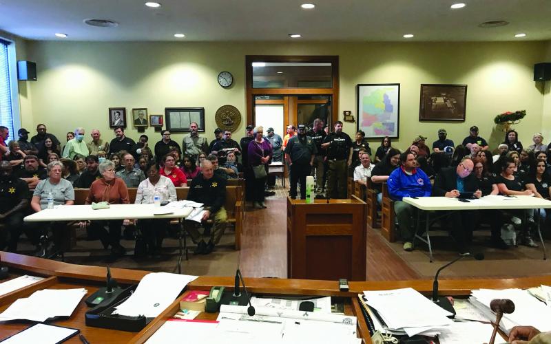 A standing room only crowd, consisting of employees from the Evangeline Parish Sheriff’s Office and the Evangeline Parish 911/ Office of Emergency Preparedness and other concerned members of the public, is pictured in the meeting room of the Evangeline Parish Police Jury. The jury met Monday, November 1, to discuss options for a new parish jail and set a public hearing on the issue for Tuesday, November 9, at 5:30 p.m. (Photo courtesy of Ryan “LeDay” Williams)