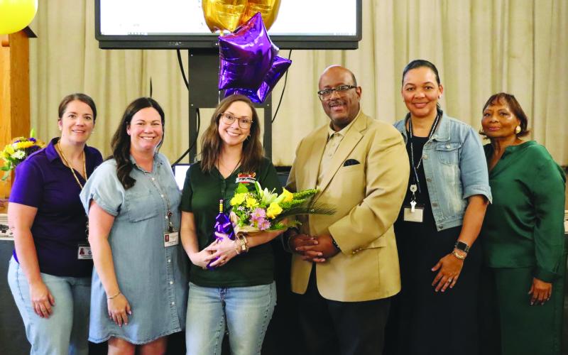 L-R: Kitty Thibodeaux, Vidrine Elementary Principal Candace Manuel, Elementary Teacher of the Year semi-finalist Lauren Thibodeaux, Superintendent Darwan Lazard, and Teacher of the Year Coordinators Katrina Ardoin and Grace Sibley. (Photo courtesy of Evangeline Parish School District)