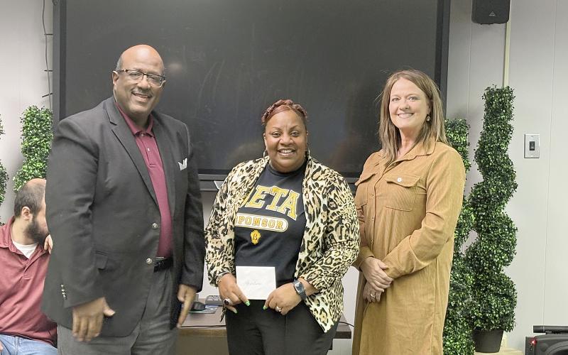 From left are Evangeline Parish Superintendent Darwan Lazard, Chataignier Elementary Beta Club sponsor Sherelene Johnson, and Chataignier Elementary principal Leslie DesHotels. (Gazette photo by Tony Marks)